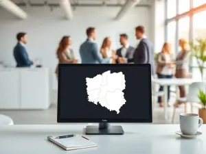 Nowoczesne biuro z mapą Polski na ekranie, w tle rozmowy i uściski dłoni pracowników, symbol braku kadr w kraju