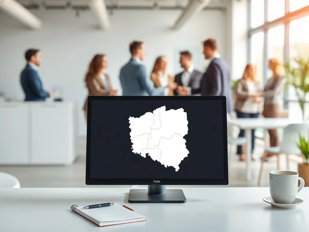 Nowoczesne biuro z mapą Polski na ekranie, w tle rozmowy i uściski dłoni pracowników, symbol braku kadr w kraju