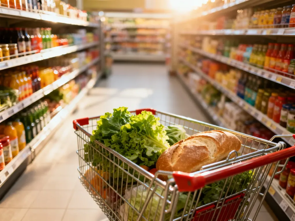 Wózek sklepowy wypełniony świeżymi produktami w alejce supermarketu, symbolizujący sprawne i szybkie zakupy.