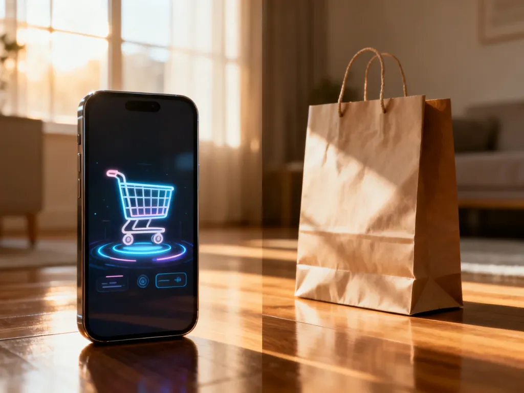 Porównanie zakupów online na smartfonie oraz tradycyjnych zakupów stacjonarnych z papierową torbą w przytulnym wnętrzu.