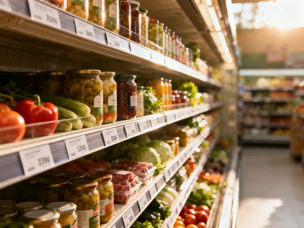 Rzędy produktów na półkach sklepowych ułożone zgodnie z zasadą FIFO, z towarami o krótszym terminie ważności z przodu.