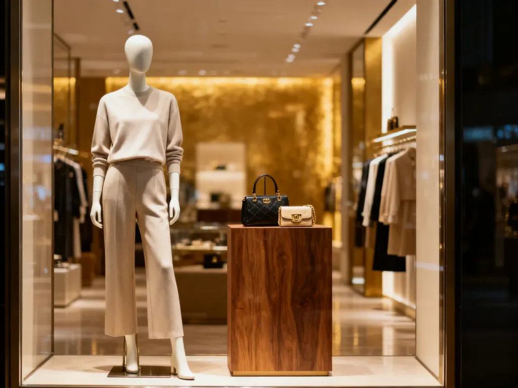 Elegancka witryna nowoczesnego butiku z manekinem i luksusowymi dodatkami, prezentująca zasady profesjonalnego visual merchandisingu.