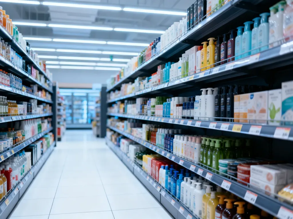 Uporządkowane półki sklepowe z produktami, prezentujące przykład profesjonalnego planogramu w nowoczesnym supermarkecie.