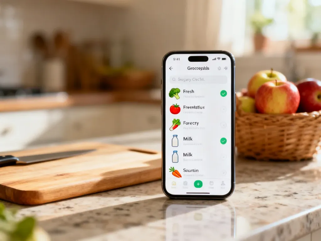 Ekran smartfona z przejrzystą aplikacją do list zakupowych na tle przytulnej kuchni.