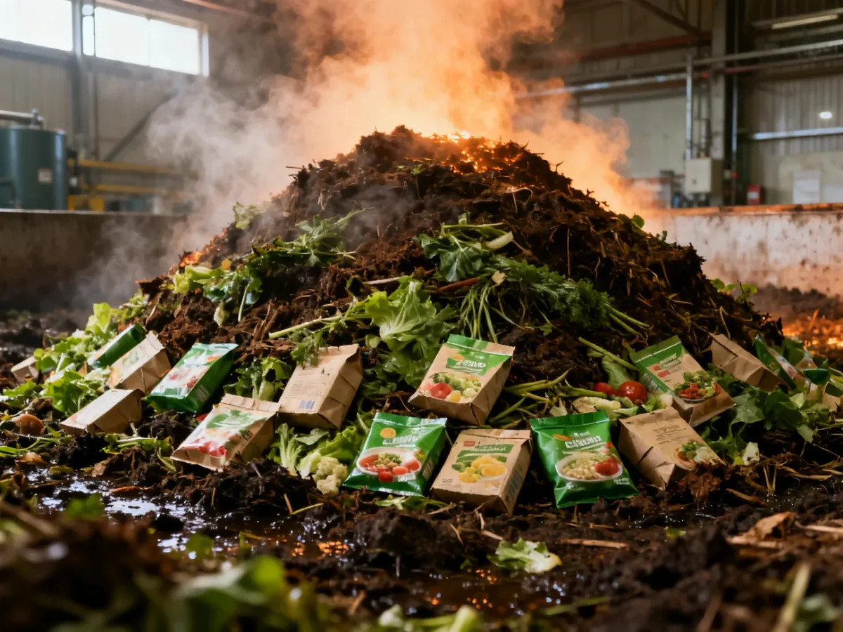 Przemysłowa kompostownia z biodegradowalnymi opakowaniami wśród materiału organicznego