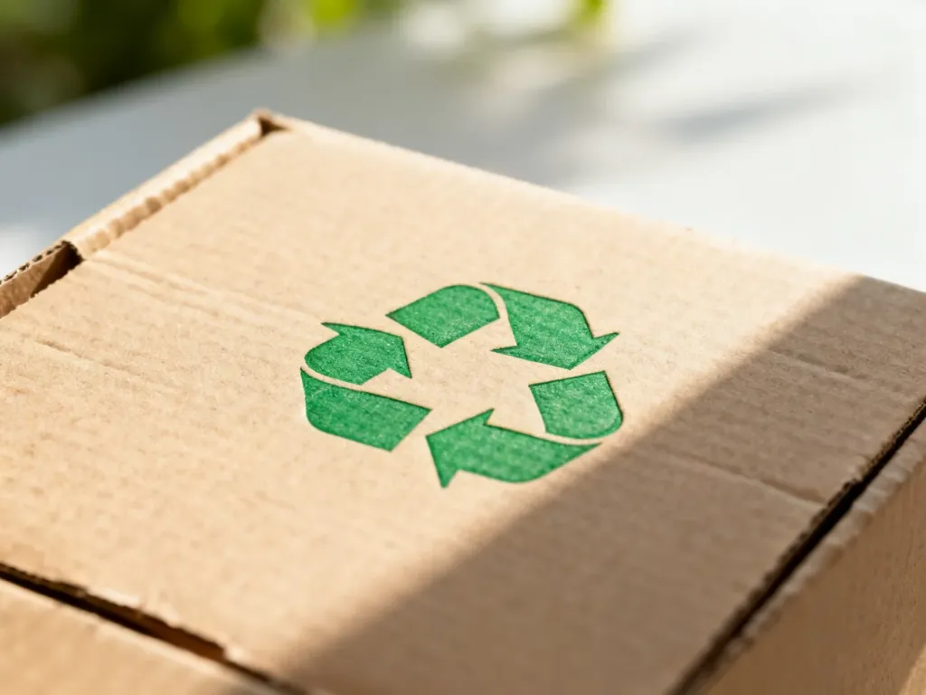 Zielony symbol recyklingu wytłoczony na ekologicznym kartonowym opakowaniu w świetle poranka.