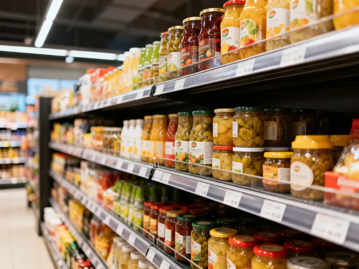 Uporządkowana półka sklepowa z produktami rozmieszczonymi według zasad planogramu