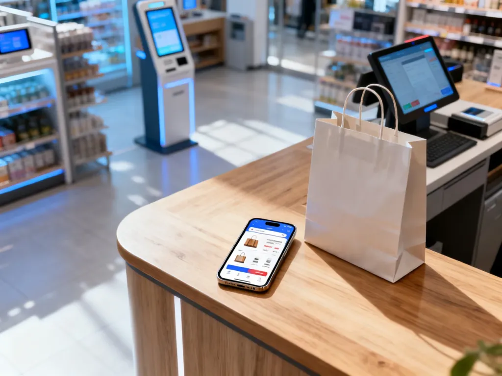Smartfon z aplikacją zakupową obok torby w nowoczesnym sklepie, ilustrujący integrację handlu stacjonarnego z cyfrowym.