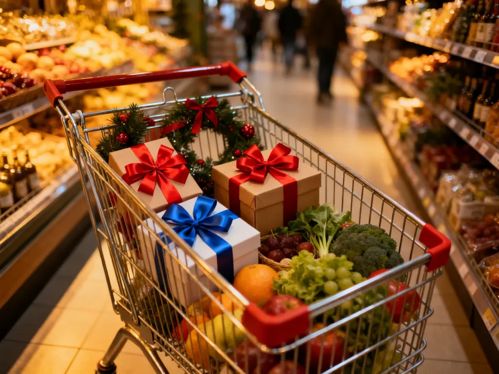 Wózek sklepowy wypełniony świątecznymi produktami i prezentami w klimatycznym wnętrzu marketu.