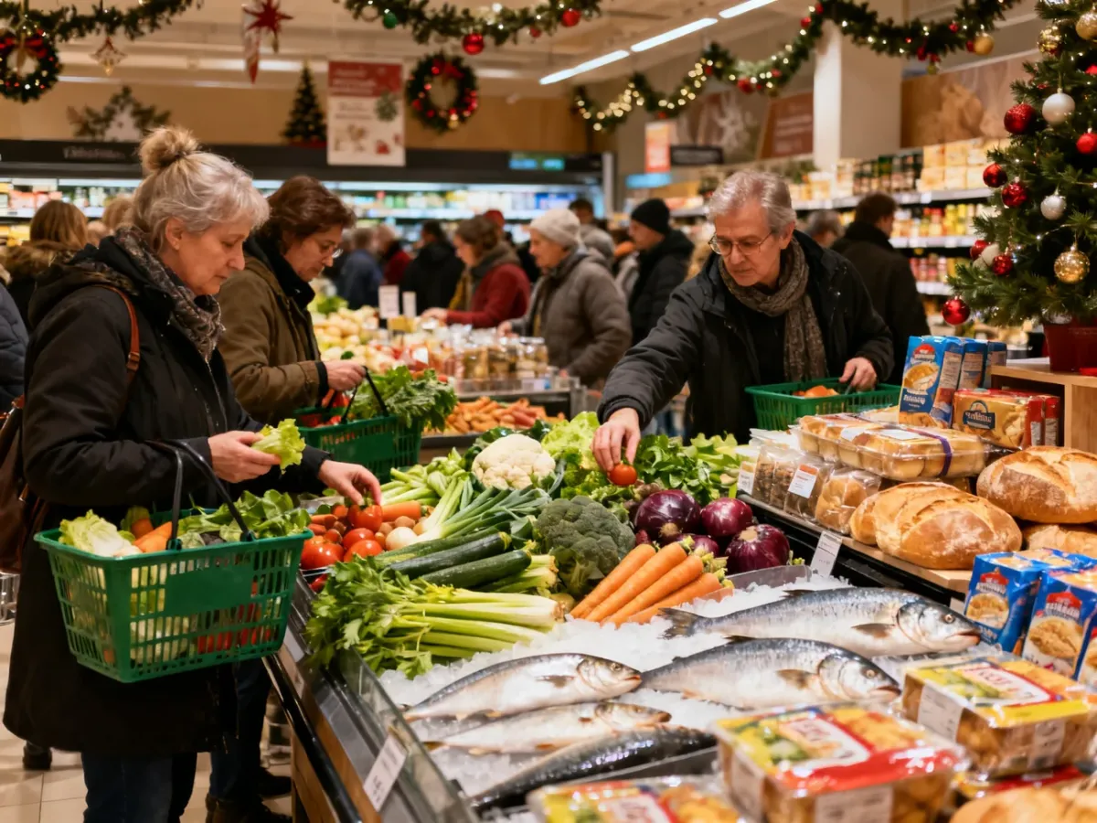 Tłum klientów robiących przedświąteczne zakupy w supermarkecie