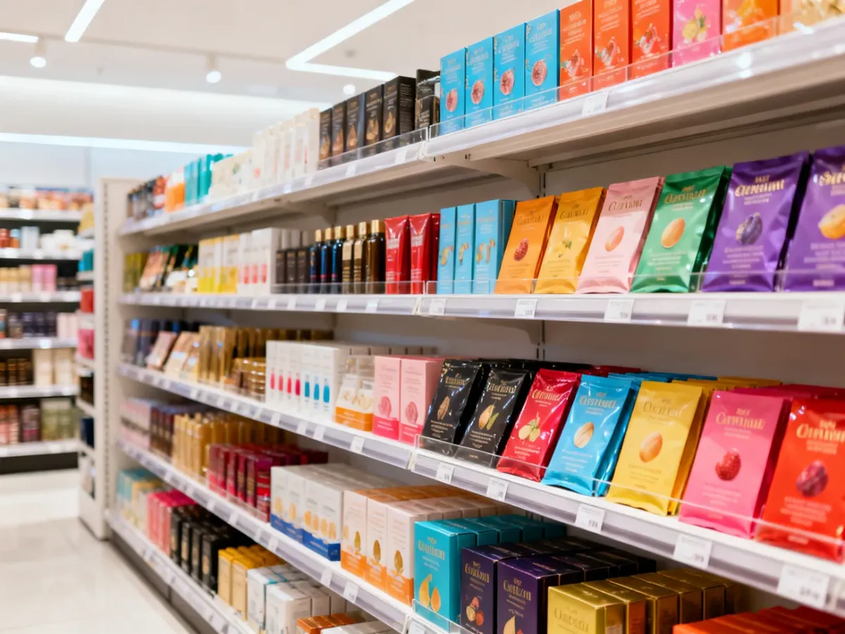 Uporządkowana półka sklepowa z produktami premium na wysokości wzroku
