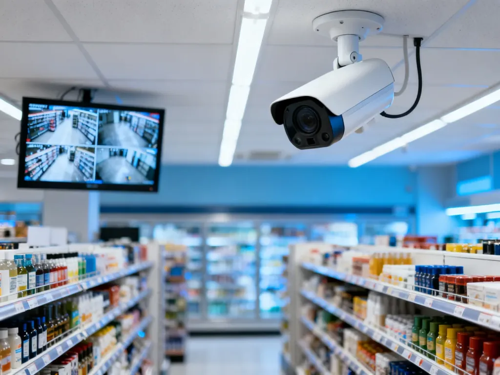 Nowoczesne kamery monitoringu zamontowane pod sufitem sklepu, zapewniające bezpieczeństwo i nadzór nad alejkami z produktami.
