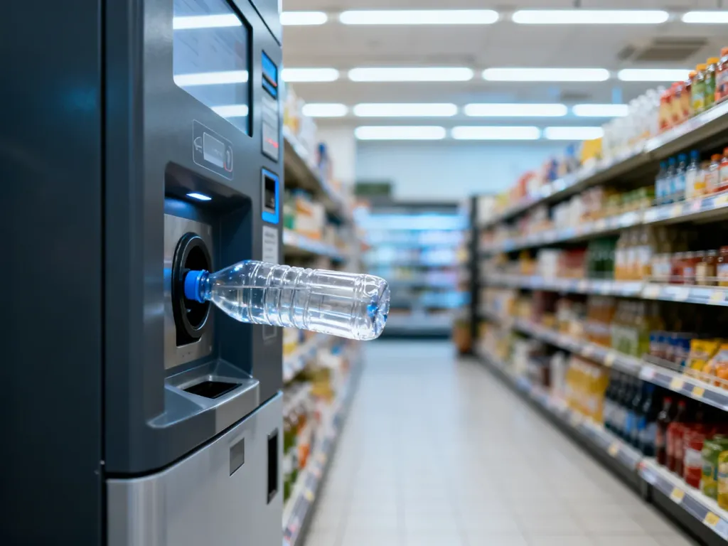 Nowoczesny automat do recyklingu butelek w supermarkecie, do którego klient wkłada plastikowe opakowanie.
