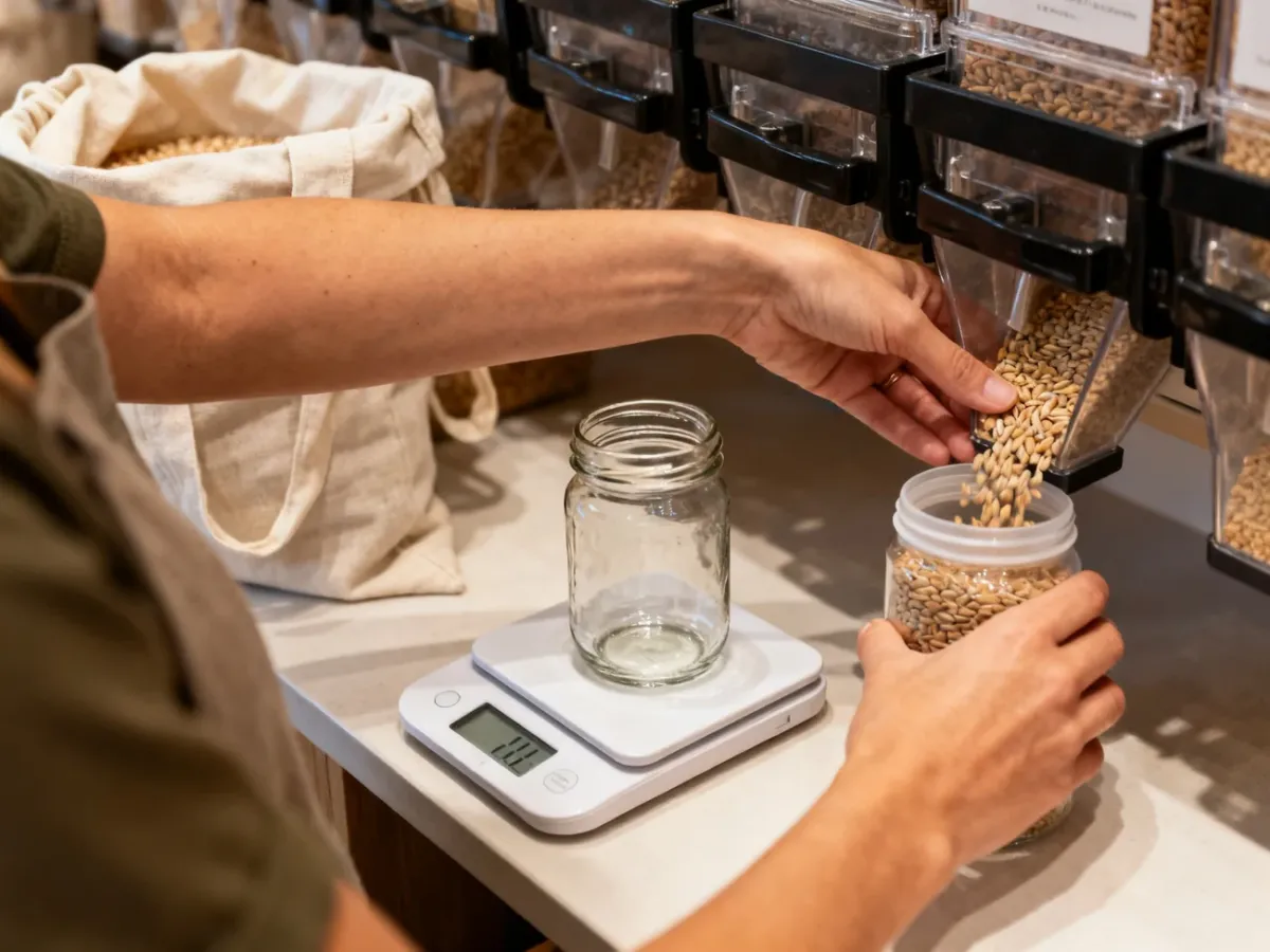 Ważenie słoika i napełnianie opakowania w sklepie zero waste