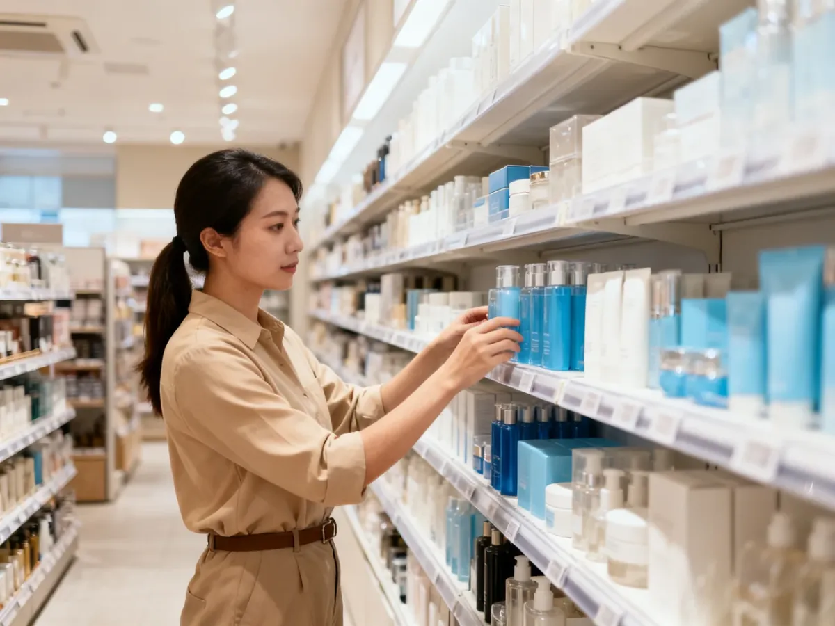 Specjalista analizujący uporządkowany układ produktów na sklepowych półkach