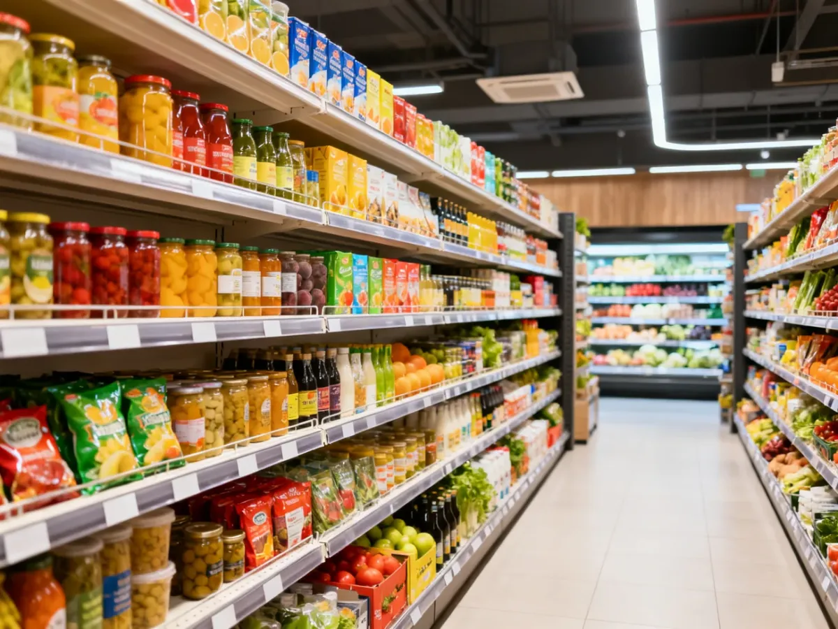 Uporządkowana półka sklepowa z produktami ustawionymi frontem do klienta