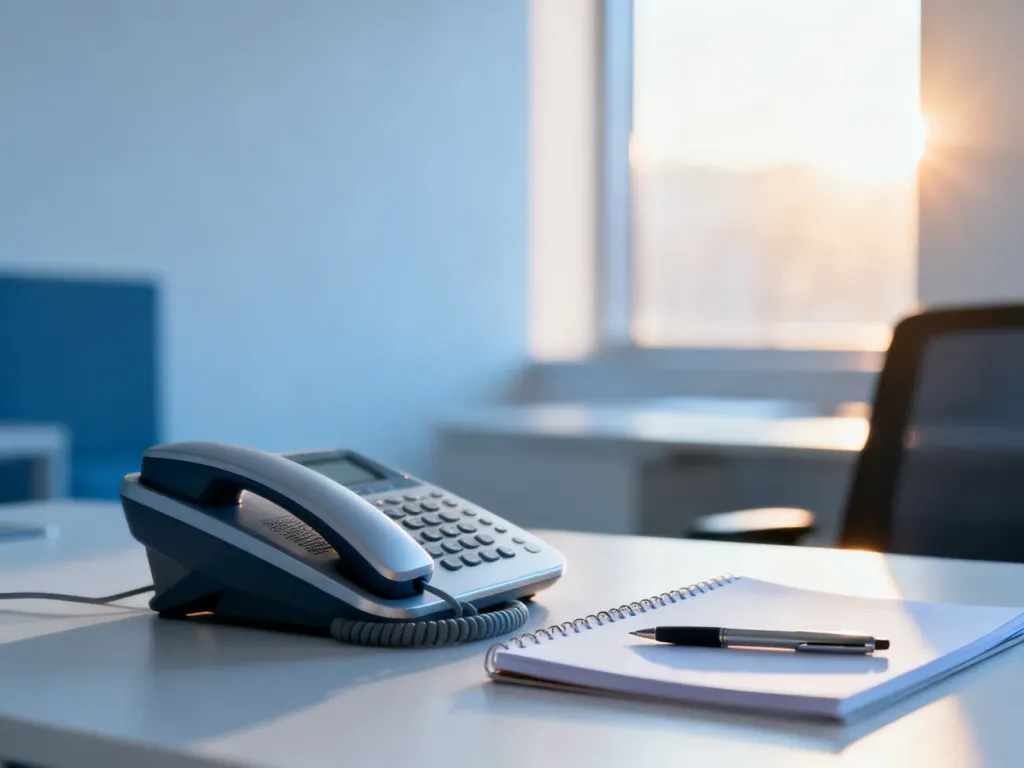 Profesjonalne stanowisko pracy z telefonem i notatnikiem, symbolizujące gotowość do spokojnej rozmowy z klientem.