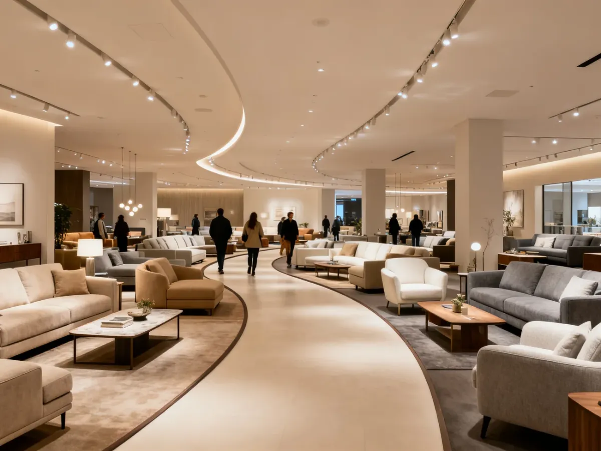 Furniture showroom guiding shoppers along a looped route