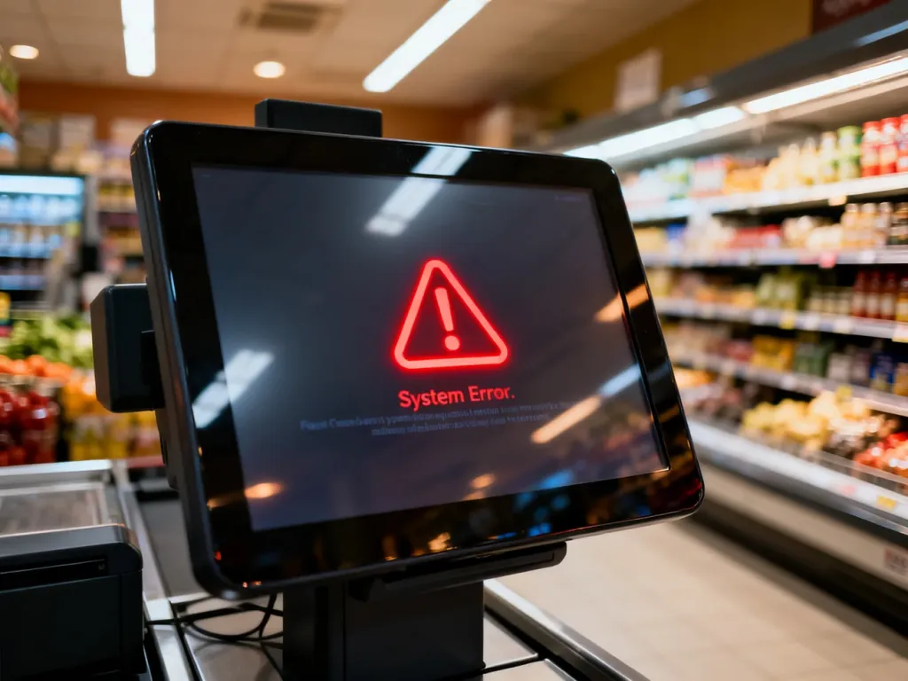Zawieszony ekran kasy samoobsługowej z czerwonym symbolem błędu w supermarkecie.