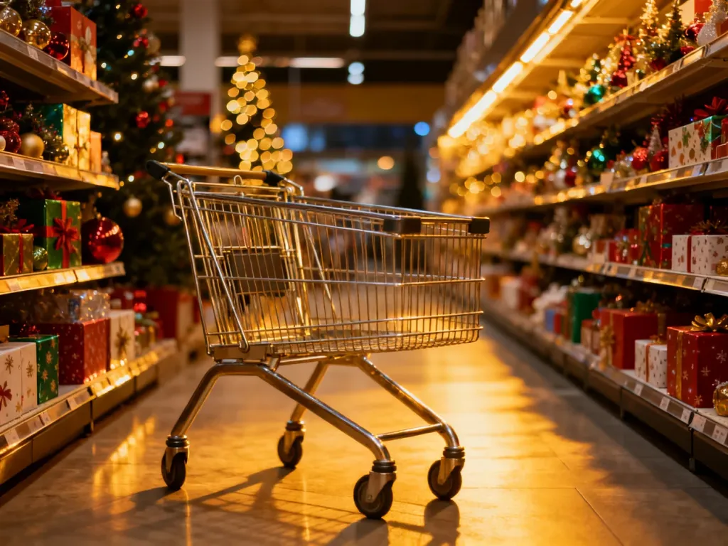 Pusty wózek sklepowy w nowoczesnej alejce supermarketu z widocznymi w tle świątecznymi dekoracjami i prezentami.