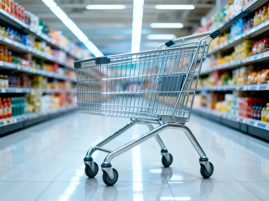 Nowoczesny metalowy wózek sklepowy stojący w alejce supermarketu z rozmytymi półkami z towarami w tle.
