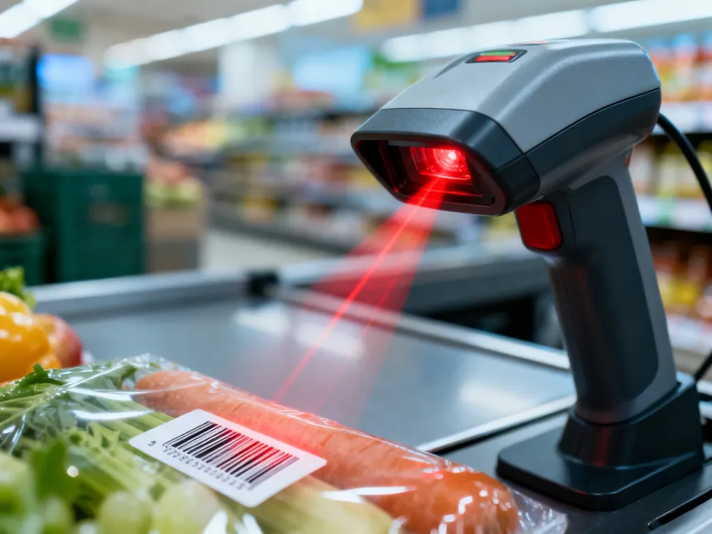 Skaner przy kasie sklepowej odczytujący kod kreskowy produktu za pomocą czerwonej wiązki lasera.