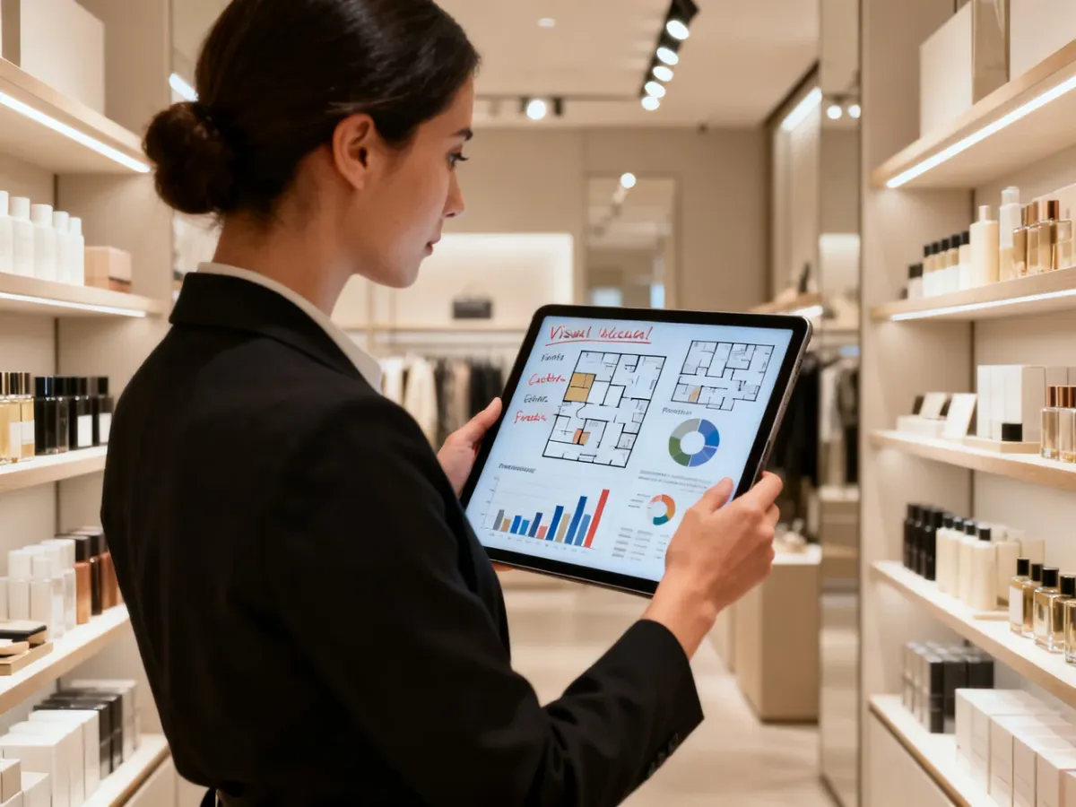 Visual merchandiser analizujący ekspozycję sklepową i wyniki sprzedaży