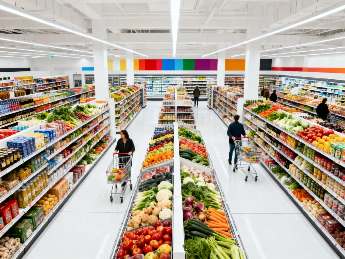 Supermarket with regular parallel aisles arranged in a grid layout