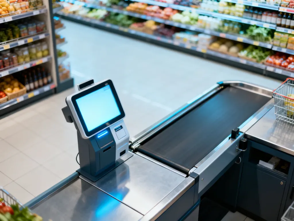 Nowoczesna kasa samoobsługowa oraz tradycyjne stanowisko z taśmą w supermarkecie. Porównanie dwóch metod płatności.