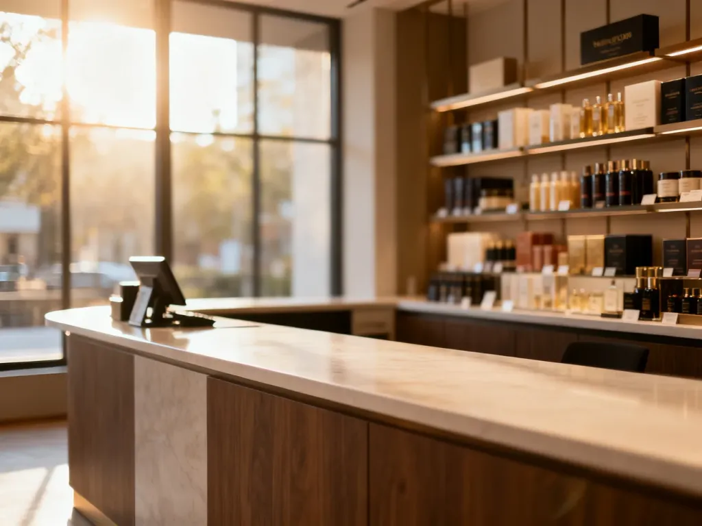 Nowoczesna lada sprzedażowa w uporządkowanym wnętrzu sklepu, tworząca profesjonalną i przyjazną atmosferę dla klientów.