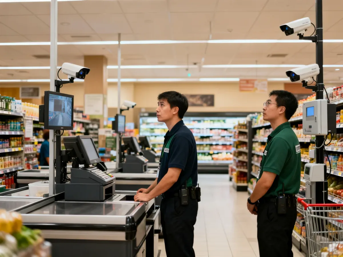 Personel supermarketu współpracujący przy monitorowaniu sklepu