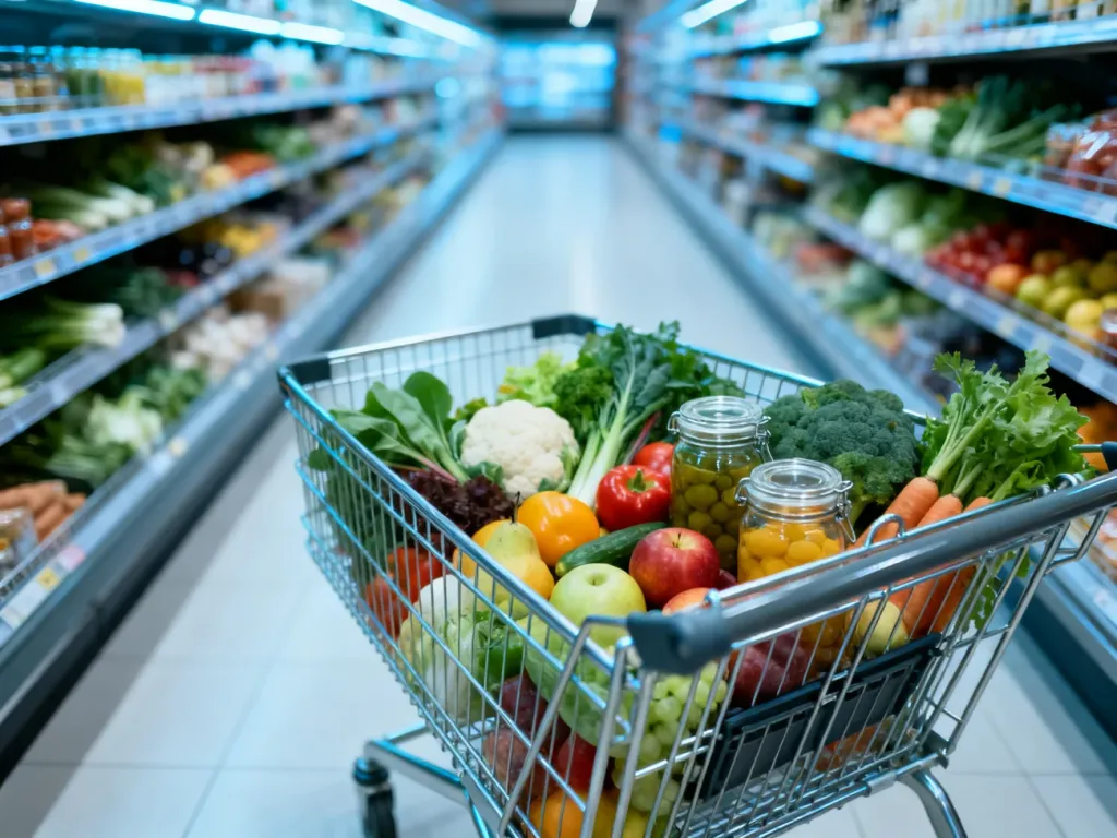 Wózek sklepowy wypełniony świeżymi produktami spożywczymi na tle uporządkowanej alejki w markecie.