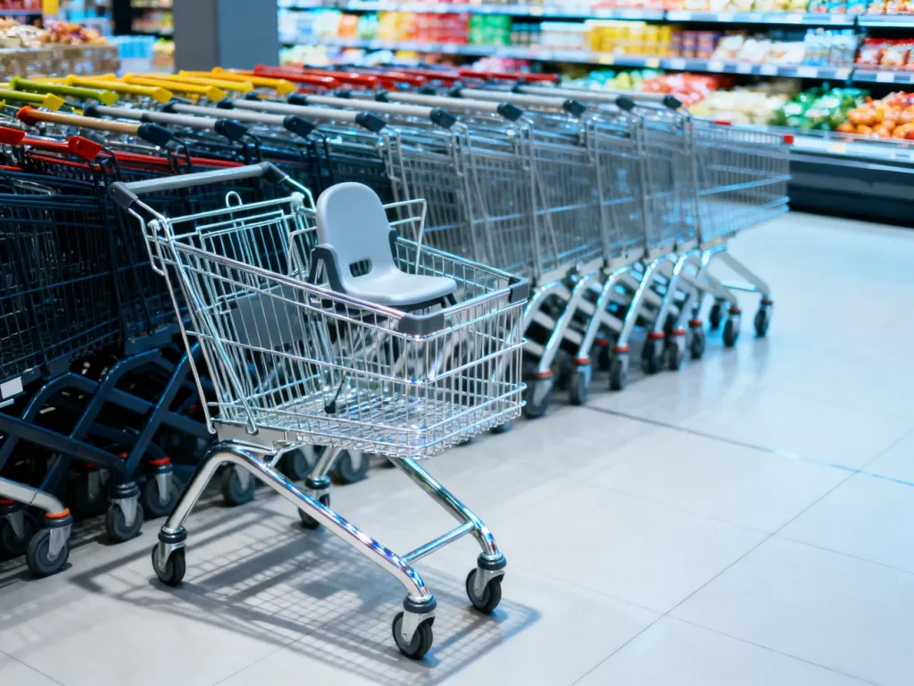 Rząd różnorodnych metalowych i plastikowych wózków sklepowych ustawionych w nowoczesnej alejce supermarketu.
