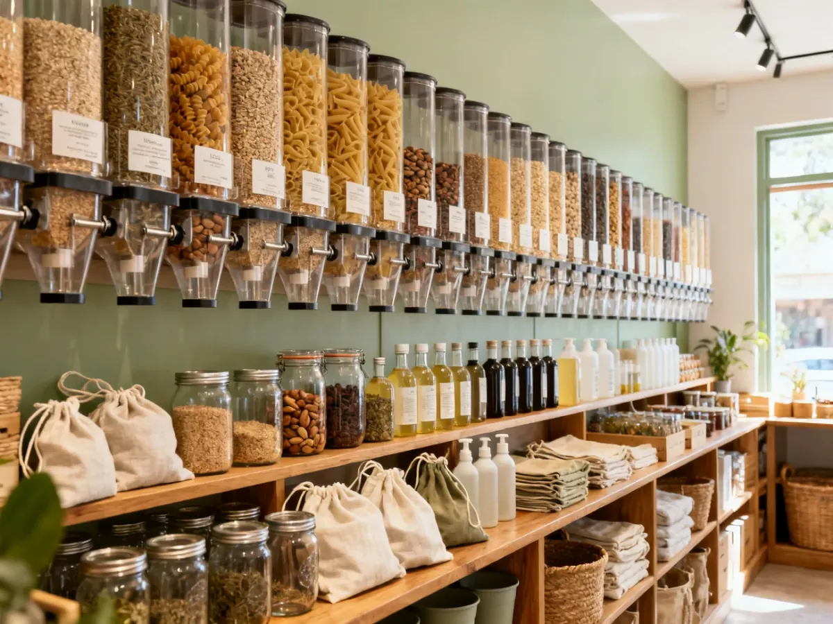 Wnętrze sklepu zero waste z dystrybutorami i opakowaniami wielorazowymi