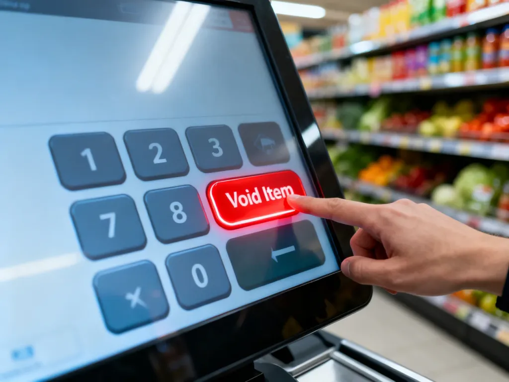 Palec naciskający przycisk usuwania produktu na ekranie kasy samoobsługowej w supermarkecie.