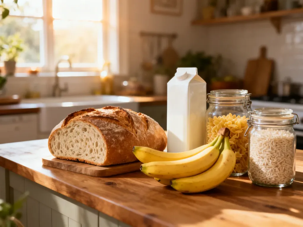 Drewniany blat kuchenny z podstawowymi produktami spożywczymi, takimi jak pieczywo, owoce, mleko oraz kasze w słoikach.