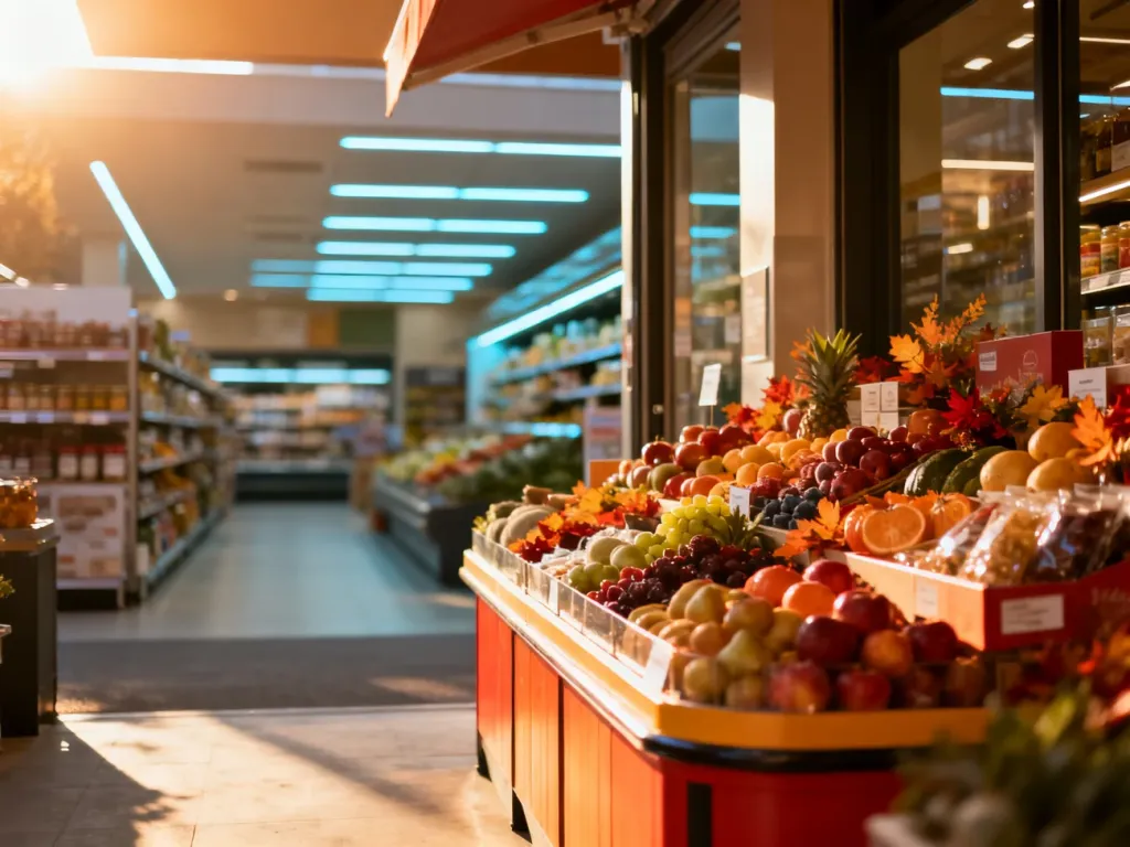 Atrakcyjna ekspozycja świeżych produktów przy wejściu do sklepu, przyciągająca uwagę klientów w strefie gorącej.