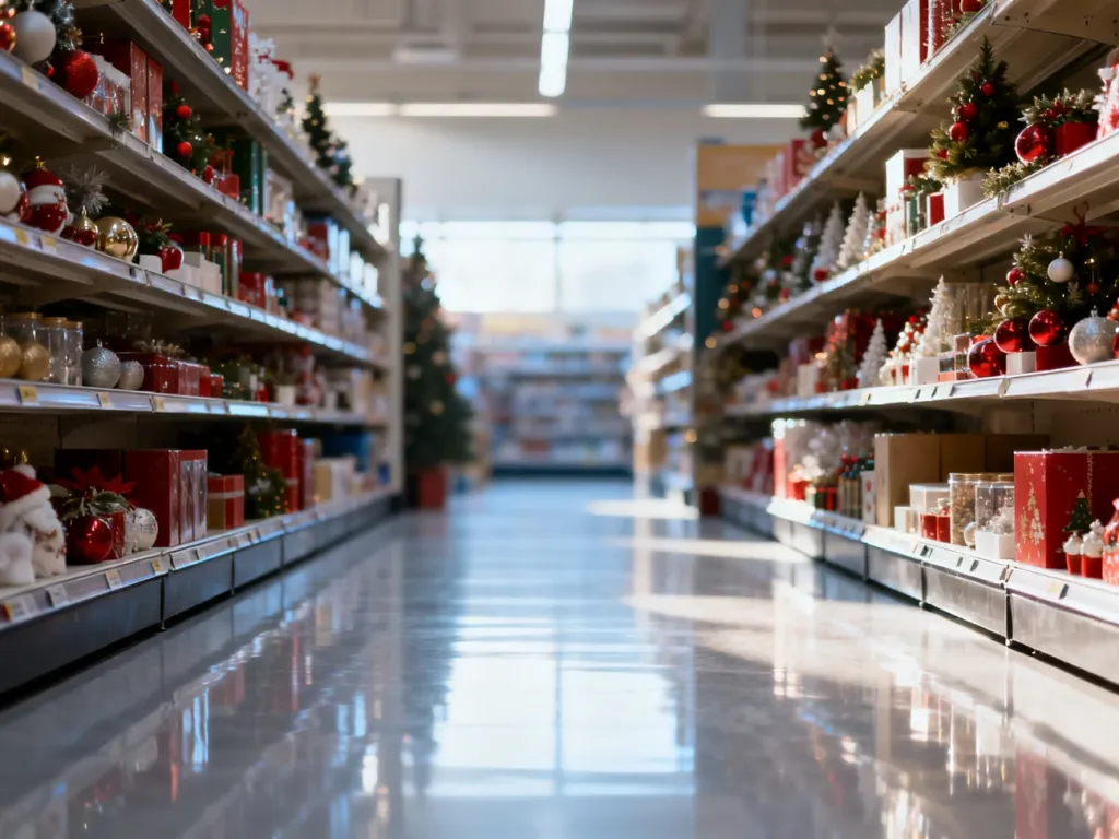 Pusta alejka w supermarkecie z poukładanym towarem świątecznym wczesnym rankiem, zachęcająca do zakupów bez kolejek.