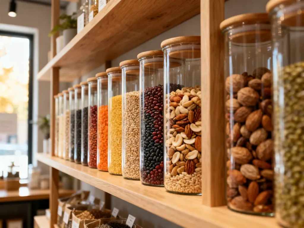 Drewniana półka w sklepie zero waste z rzędami szklanych słoików wypełnionych ekologicznymi produktami sypkimi.