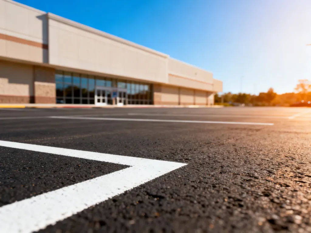 Przestronny, słoneczny parking przed nowoczesnym centrum handlowym z wyraźnie zaznaczonym miejscem postojowym.