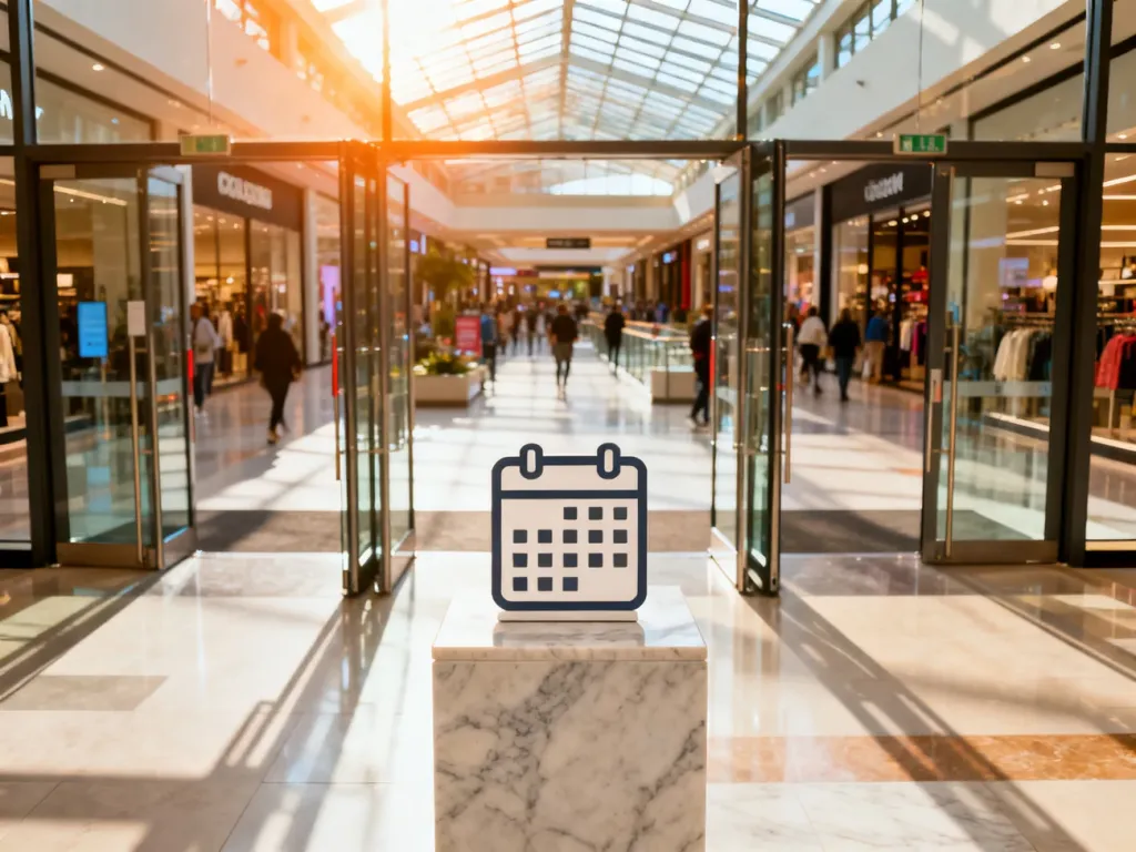 Otwarte szklane drzwi centrum handlowego i ikona kalendarza symbolizująca niedzielę handlową.