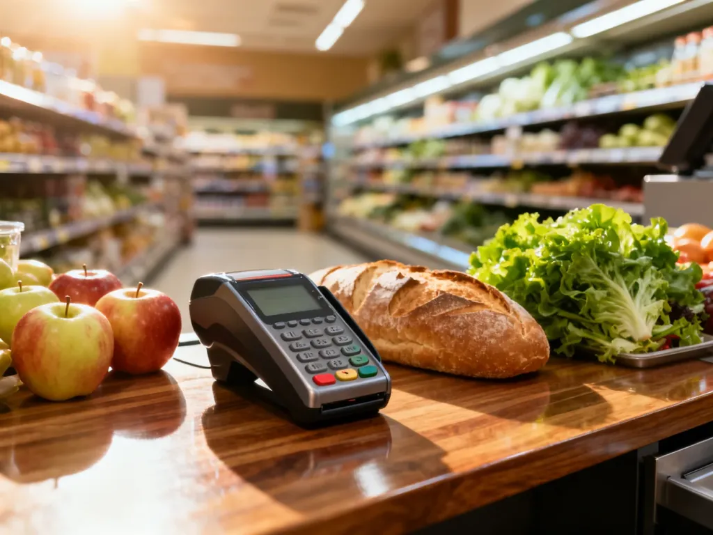Terminal płatniczy przy kasie w supermarkecie z zakupami spożywczymi, gotowy do dokonania płatności kartą.