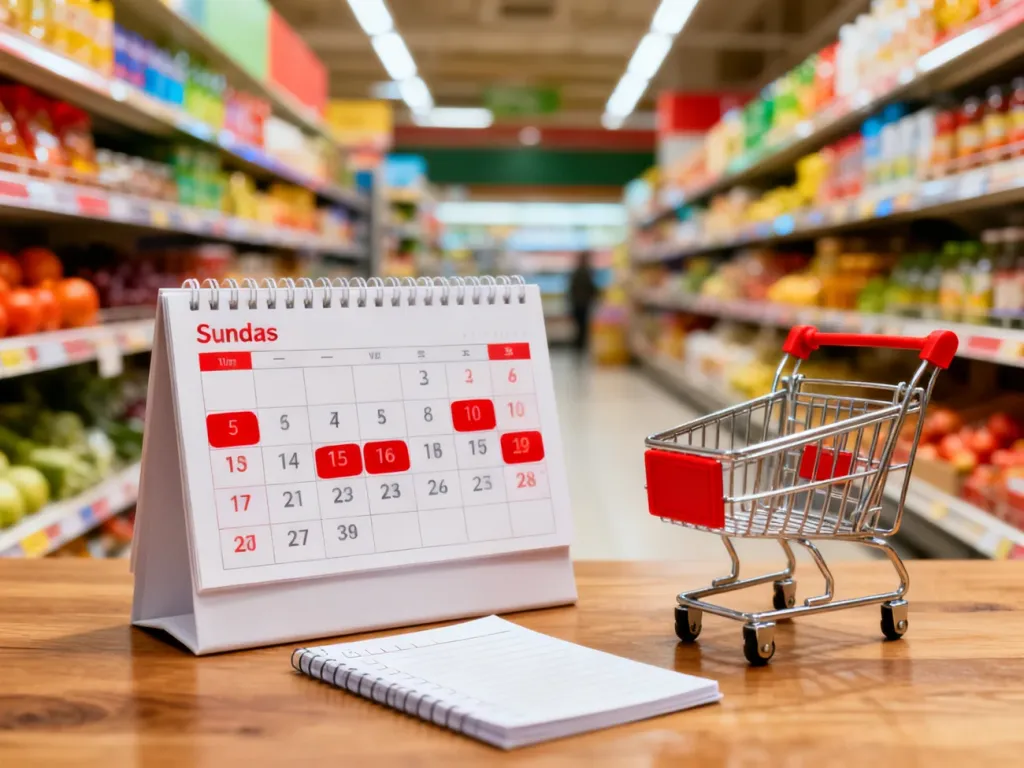 Kalendarz z zaznaczonymi niedzielami handlowymi obok listy zakupów i mini wózka na tle alejek supermarketu, no text on the picture