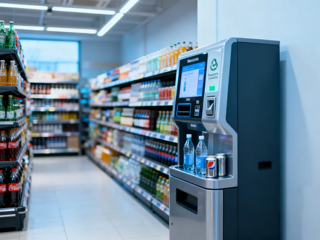 Nowoczesny automat do zwrotu butelek i puszek wewnątrz sklepu, służący do obsługi systemu kaucyjnego.