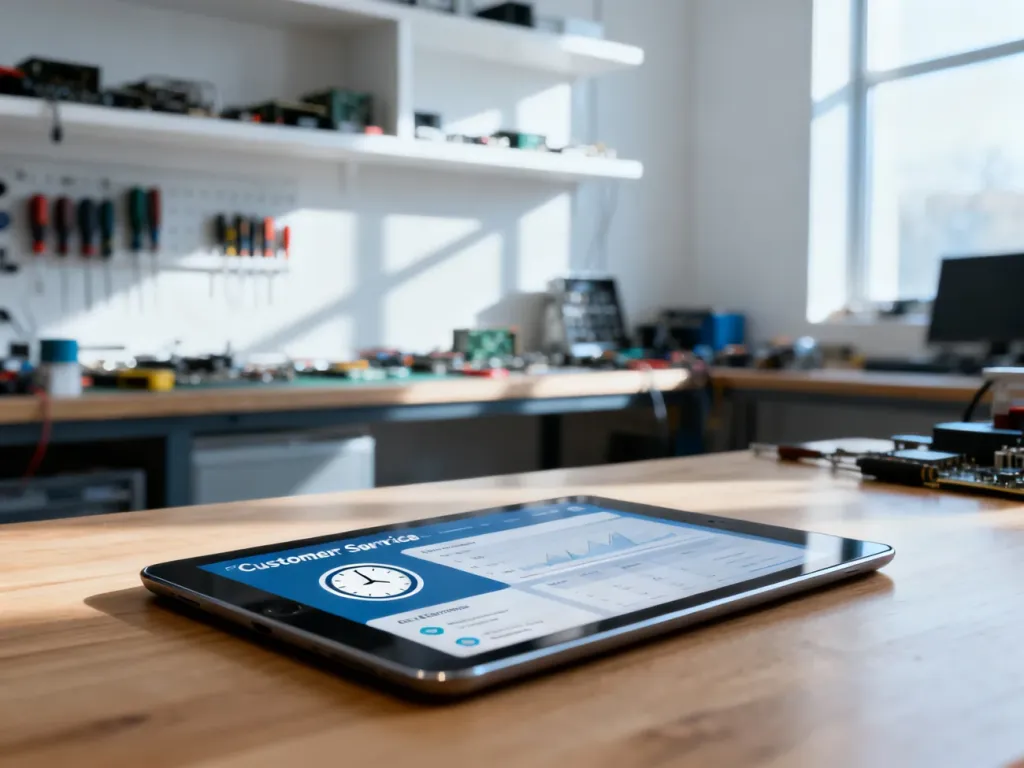 Tablet z panelem obsługi klienta na drewnianym biurku w tle warsztatu naprawy elektroniki.