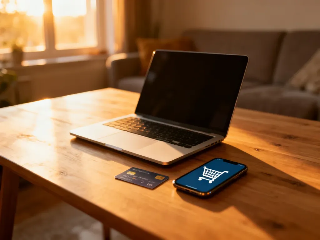 Laptop, karta płatnicza i smartfon z ikoną koszyka na biurku, symbolizujące wygodne zakupy online w domowym zaciszu.