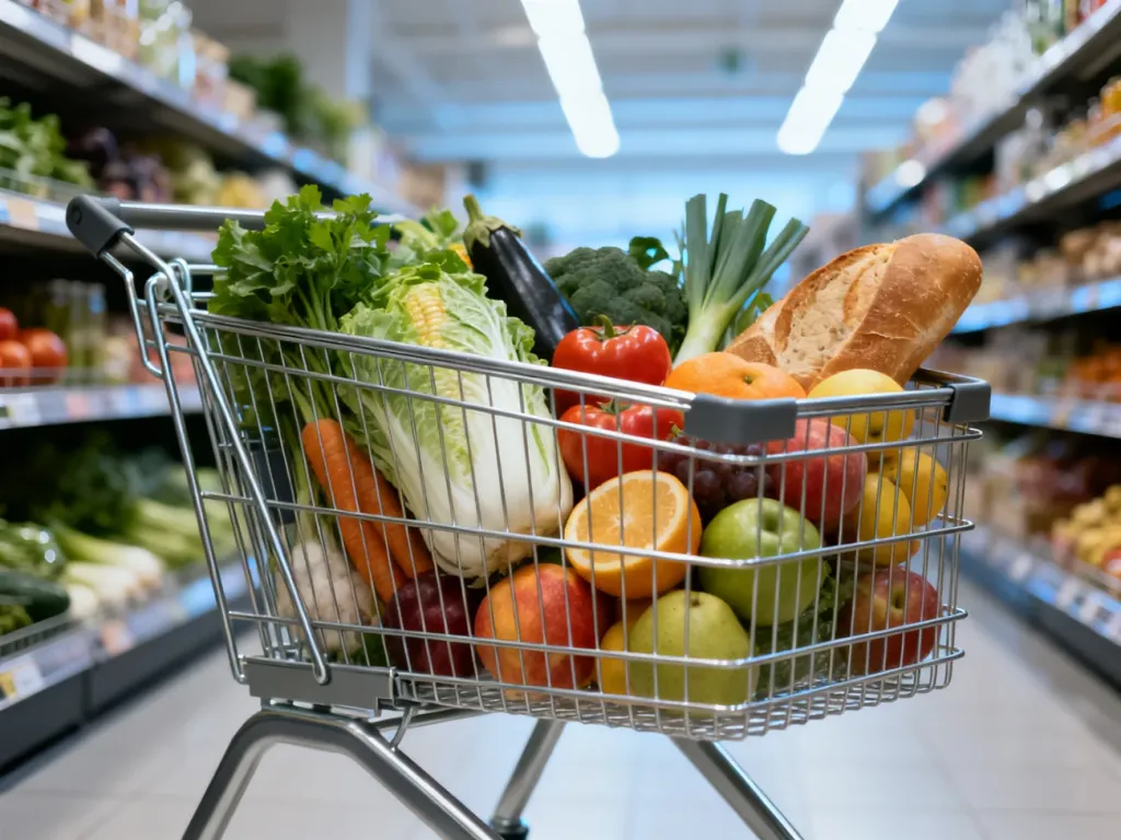 Metalowy wózek wypełniony świeżymi produktami spożywczymi w alejce supermarketu.