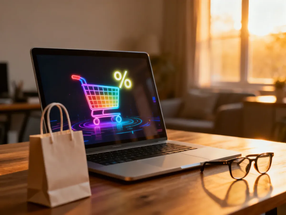 Nowoczesny laptop z ikoną koszyka i symbolem rabatu na ekranie, symbolizujący zakupy online w domowym biurze.