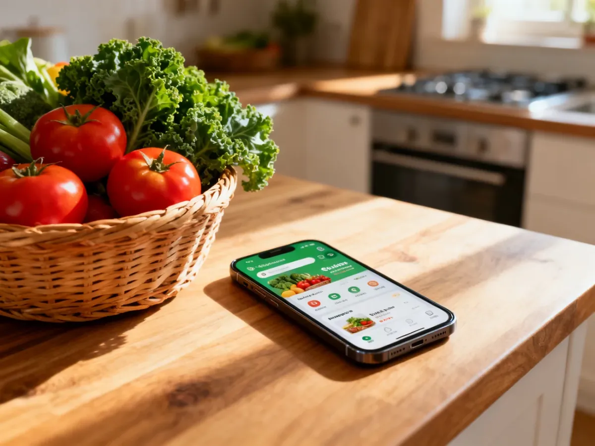 Smartfon z aplikacją do zakupów spożywczych obok koszyka ze świeżymi warzywami na kuchennym blacie.
