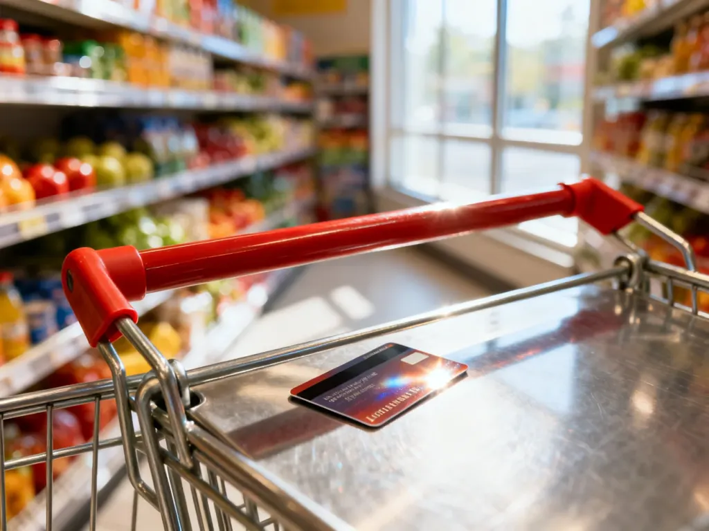 Karta lojalnościowa Moja Biedronka leżąca na rączce wózka sklepowego w supermarkecie.